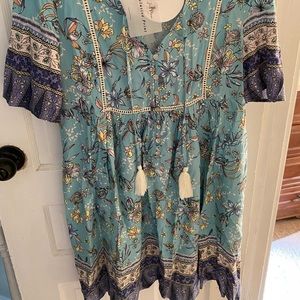 Esther & Co Turquoise Floral Boho Dress, Sz Small
